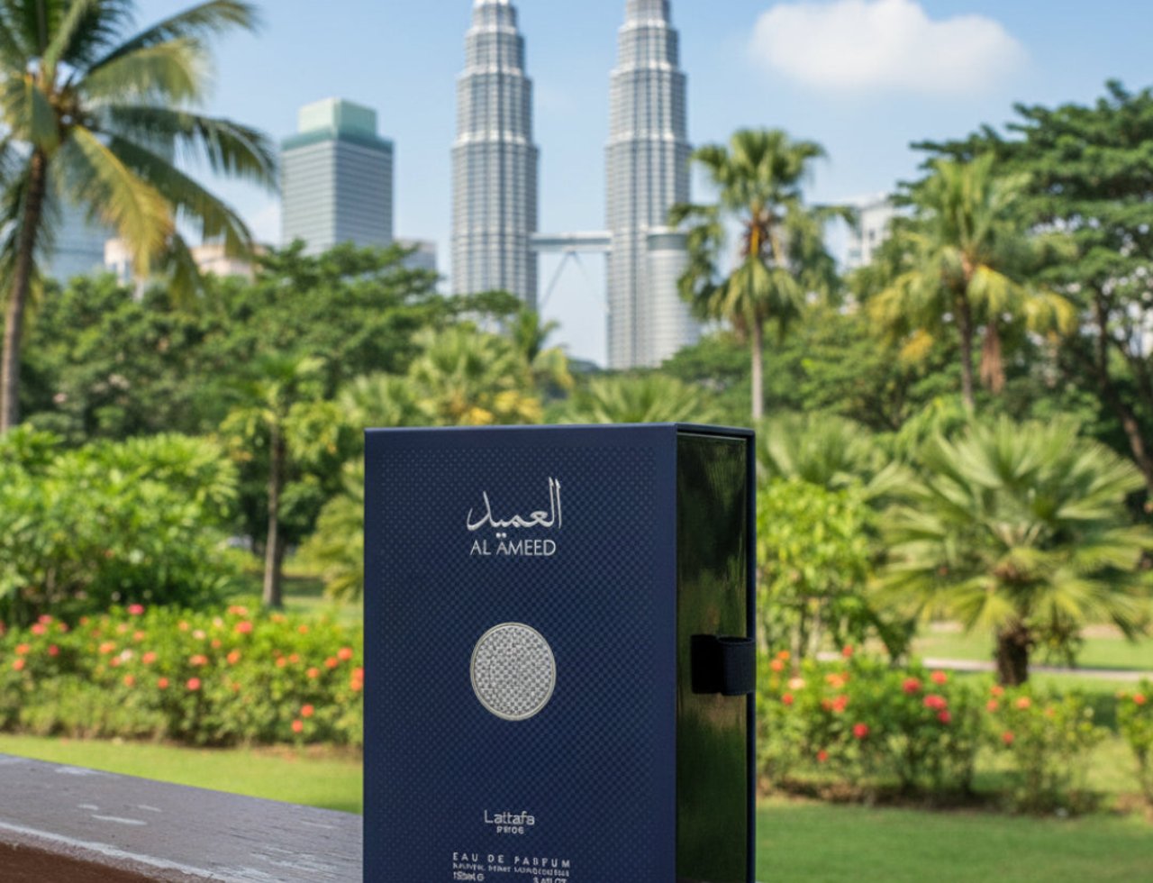 Lattafa Al Ameed — Dark blue perfume box with silver circular emblem, set against a park with palm trees and the Petronas