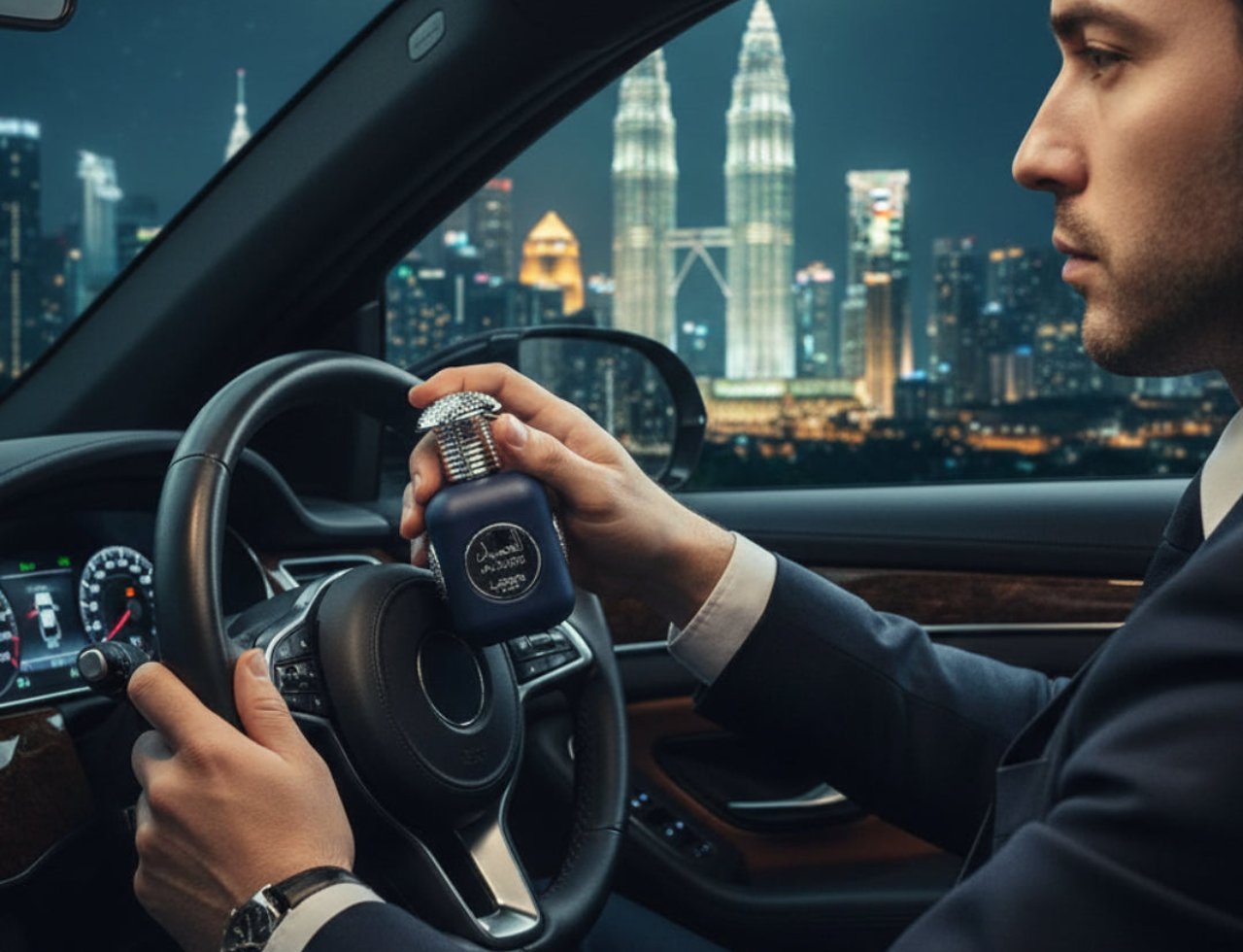 Lattafa Pride Al Ameed by Lattafa EDP 100ml For Him — Lelaki memakai sut gelap memegang botol minyak wangi biru gelap di dalam kereta mewah pada waktu malam dengan latar belakang bandar KLCC.
