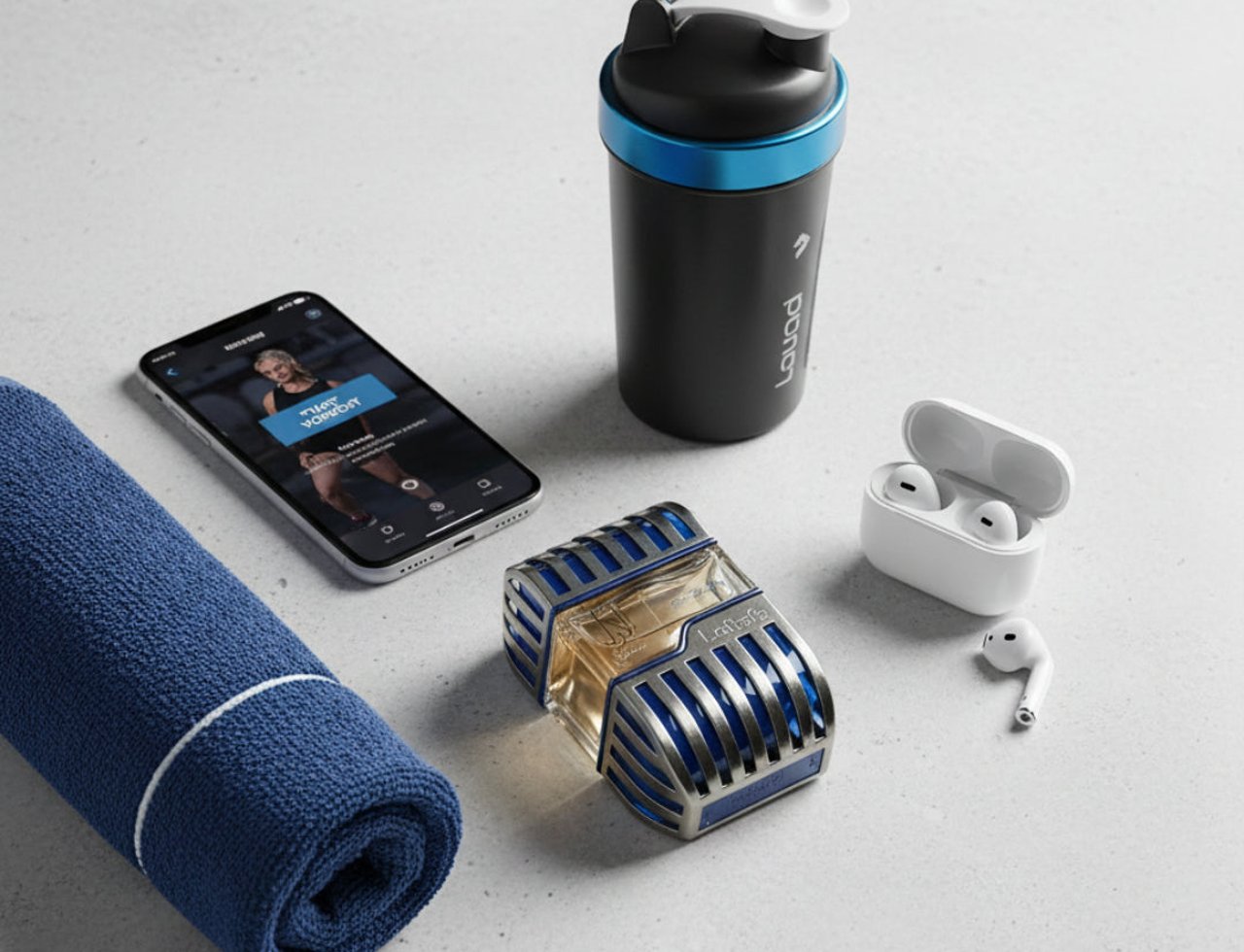 Lattafa Al Azal by Lattafa EDP 100ml For Him — A Lattafa shaker, smartphone with fitness app, rolled blue towel, and