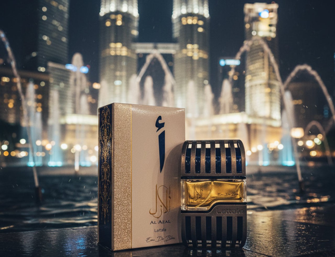 Lattafa Al Azal by Lattafa EDP 100ml For Him — Kotak wangian Lattafa Al Azal berdiri di sebelah botolnya, dengan latar belakang bangunan pencakar langit berkilauan dan pancutan air pada waktu malam.