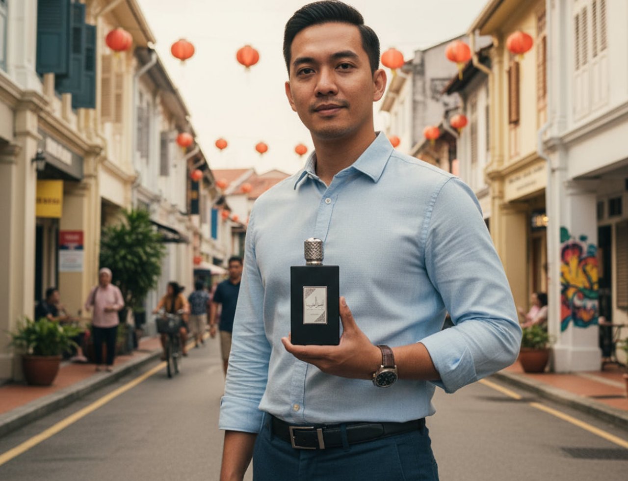 Lattafa Ameer Al Arab by Asdaaf — Man holding black perfume bottle on street with red lanterns