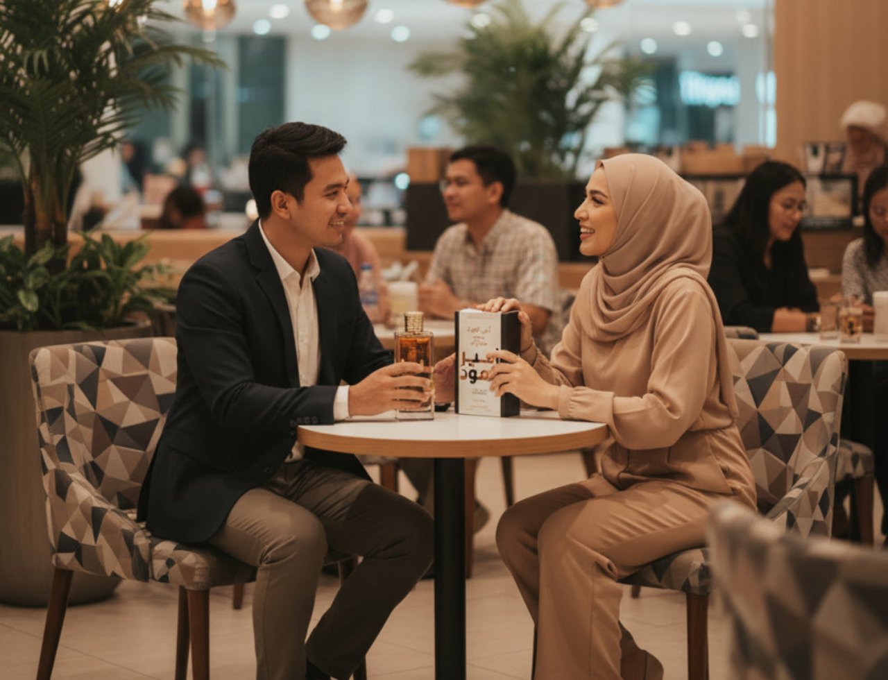 Lattafa Ameer Al Oudh Intense by Lattafa EDP 100ml — Pasangan duduk berhadapan di meja kafe, lelaki memegang botol wangian, wanita memegang kotak produk, suasana santai