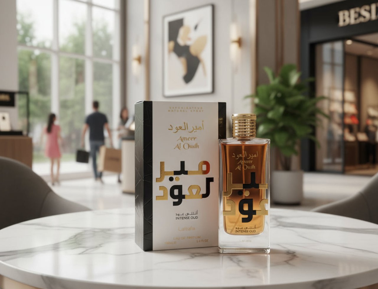 Lattafa Ameer Al Oudh Intense by Lattafa EDP 100ml — Perfume bottle and box on a marble table in a modern mall setting with
