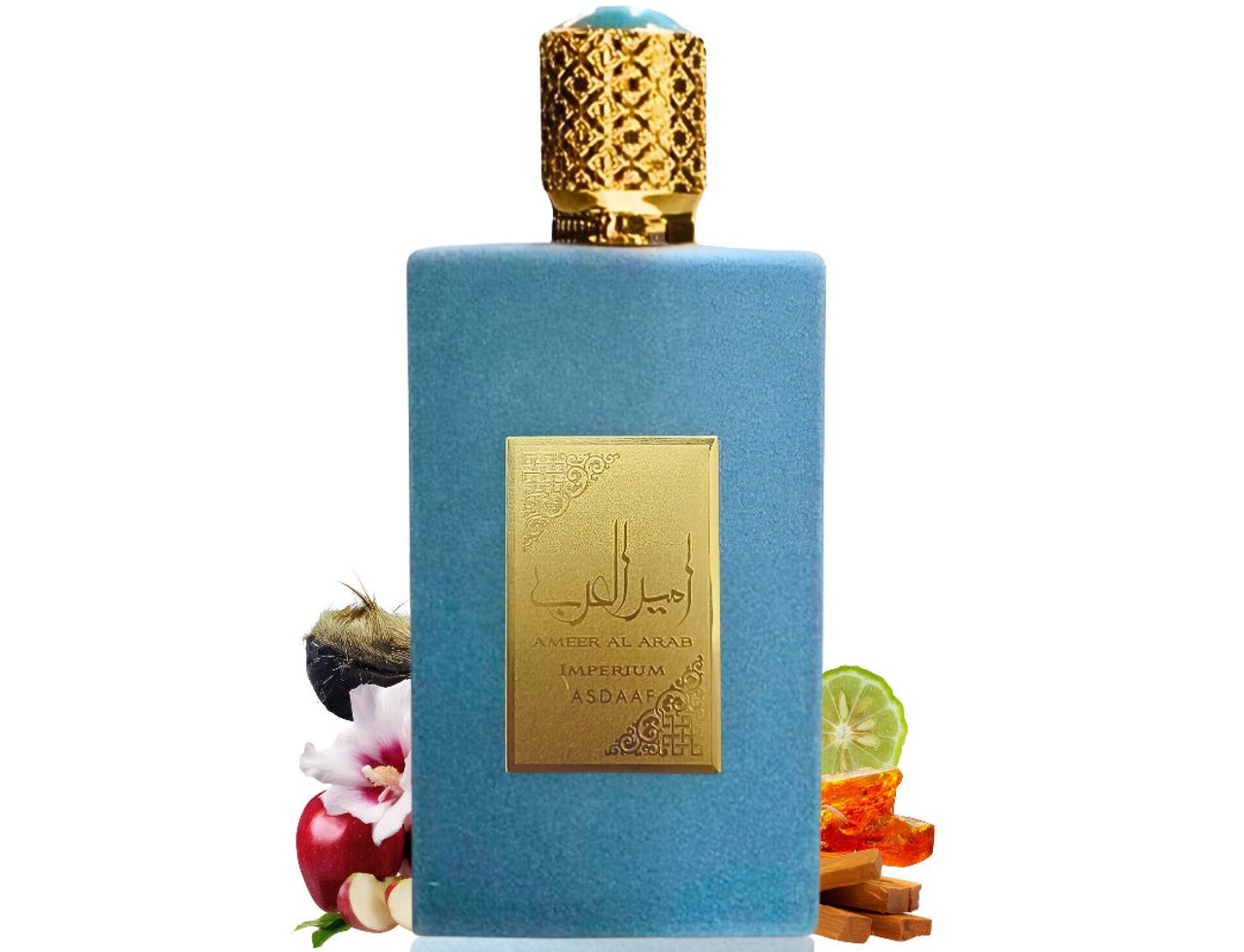 Ameer Al Arab Imperium by Asdaaf — Botol biru kelabu baldu dengan penutup emas berukir, label emas, dihiasi epal merah, bunga, kayu manis dan hirisan limau