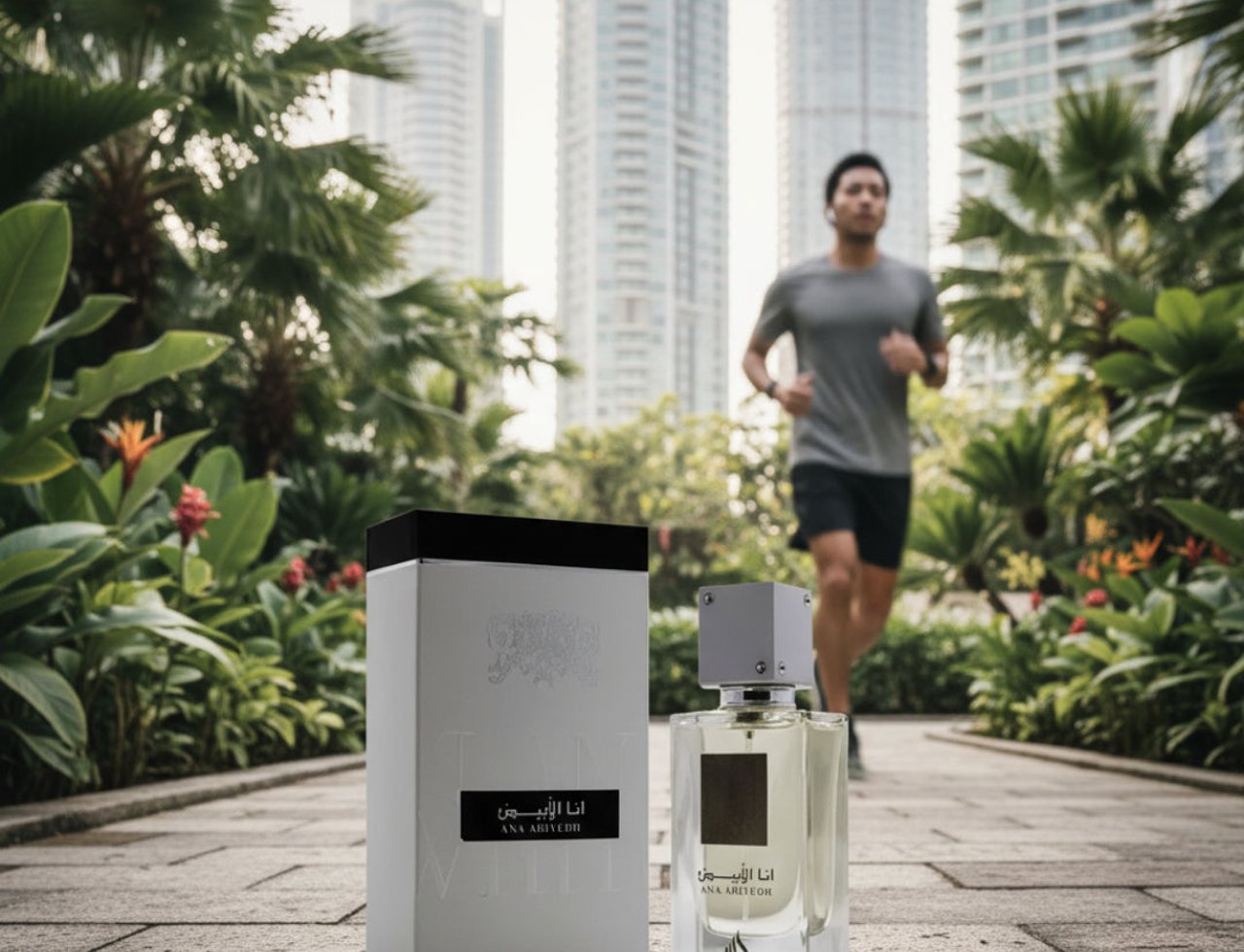 Lattafa Ana Abiyedh — A man jogs past a Lattafa Ana Abiyedh perfume bottle and box on a paved path with lush greenery and