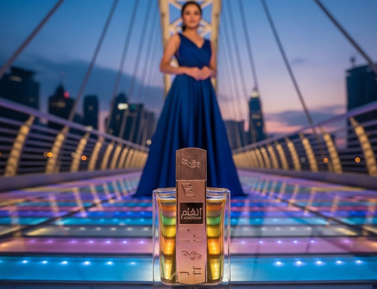 Lattafa Angham EDP — Perfume bottle with colorful liquid on a bridge at dusk, woman in blue dress blurred in background