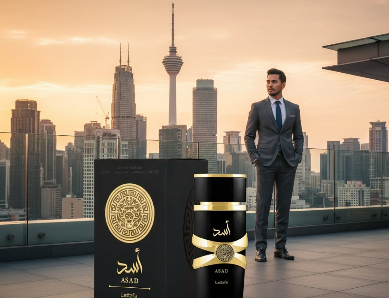Lattafa Asad Lattafa EDP 100ml Men — Lelaki berbaju kelabu berdiri di atas bumbung bangunan dengan latar belakang bandaraya pada waktu senja, di sebelah kotak dan botol wangian Asad Lattafa berpenutup emas.