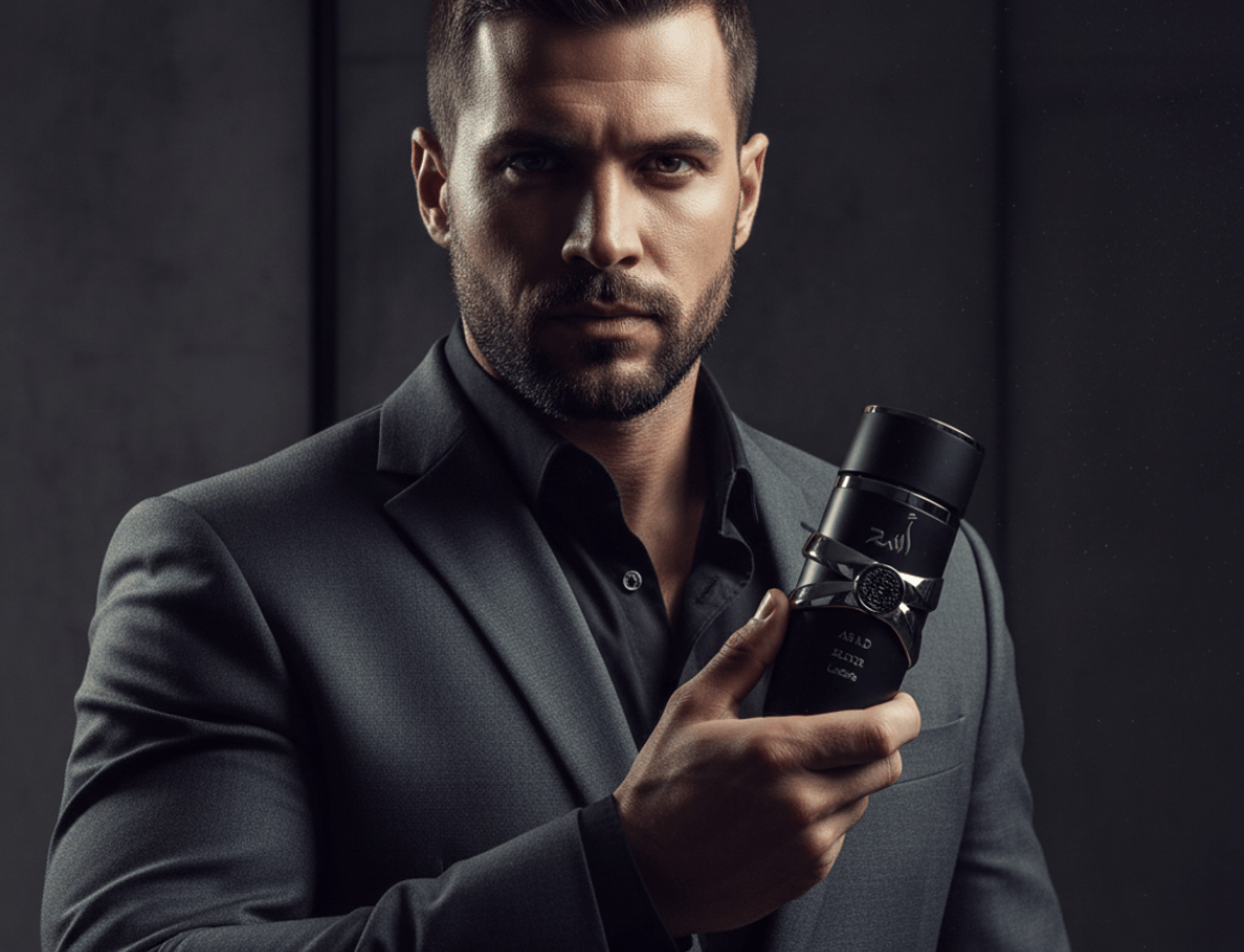Lattafa Asad Elixir — Black perfume bottle with silver accents next to its black textured box on a dark background