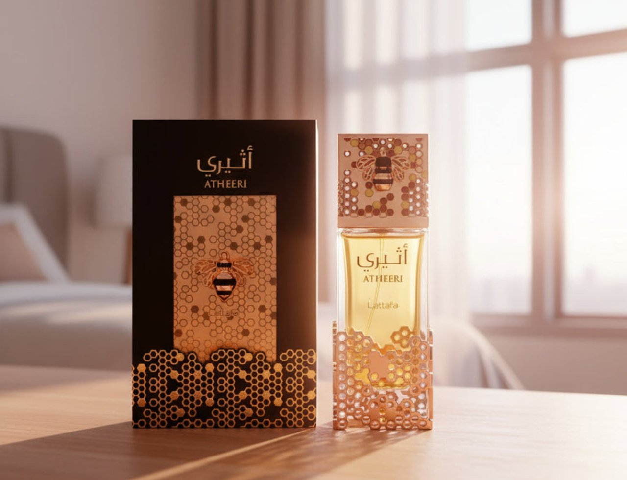 Lattafa Atheeri – Perfume bottle and box with bee and honeycomb design on a wooden table, soft light from window