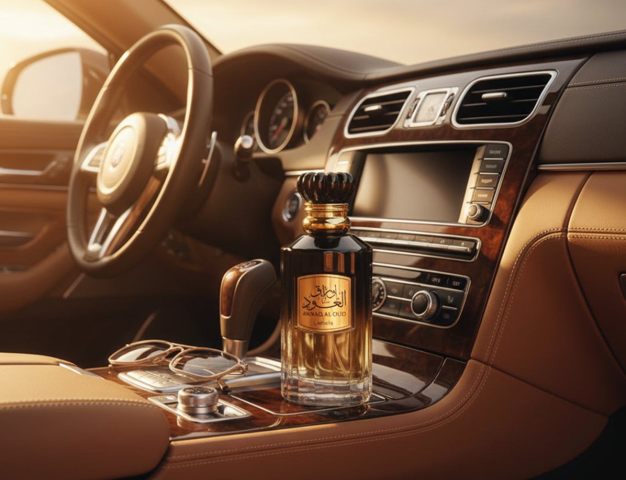 Lattafa Awraq Al Oud — Perfume bottle on car dashboard with sunglasses and steering wheel