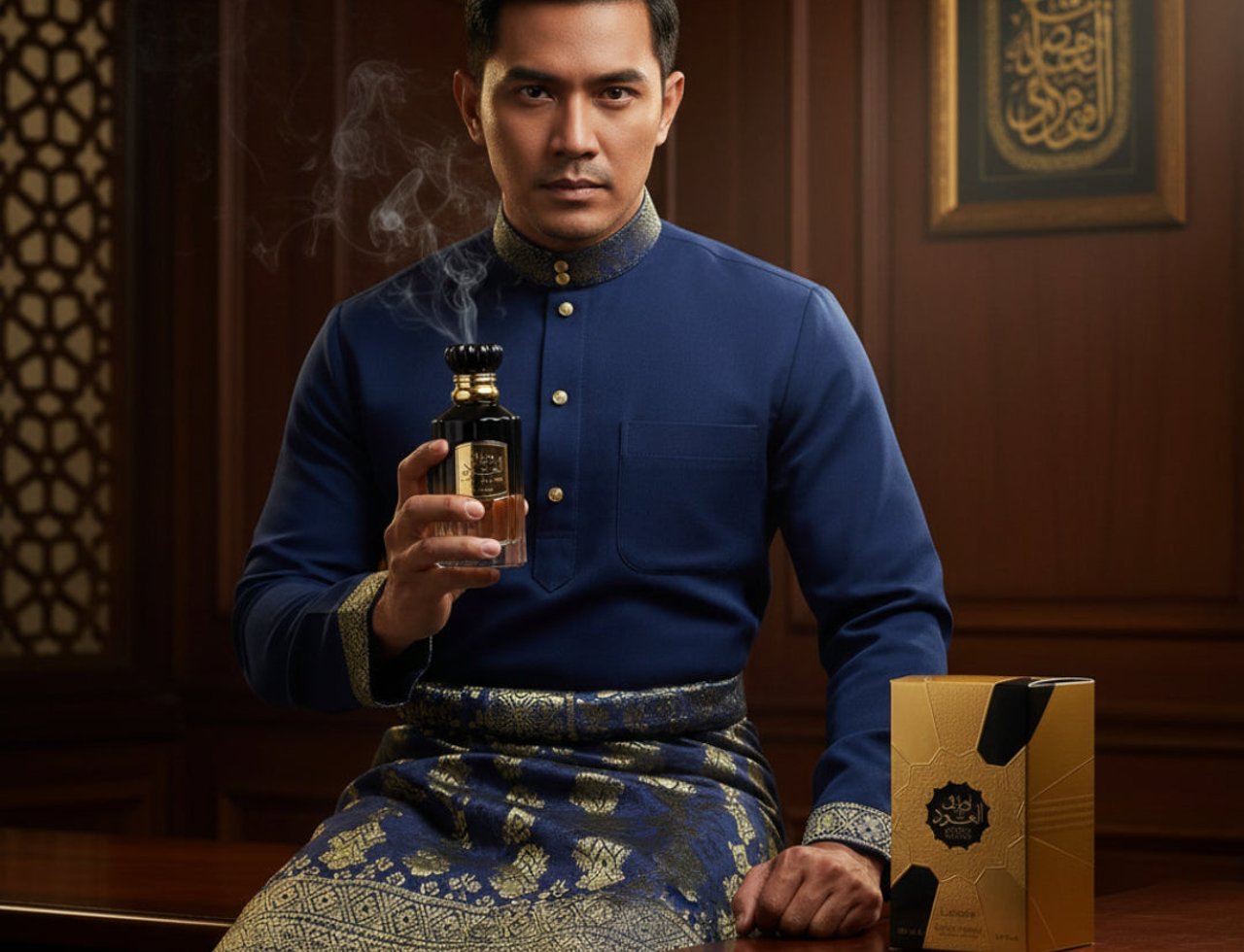 Lattafa Awraq Al Oud by Lattafa 100ml Man — Lelaki Melayu memakai baju Melayu biru dan samping songket emas memegang botol wangian yang mengeluarkan asap, dengan kotak emas di sebelahnya.
