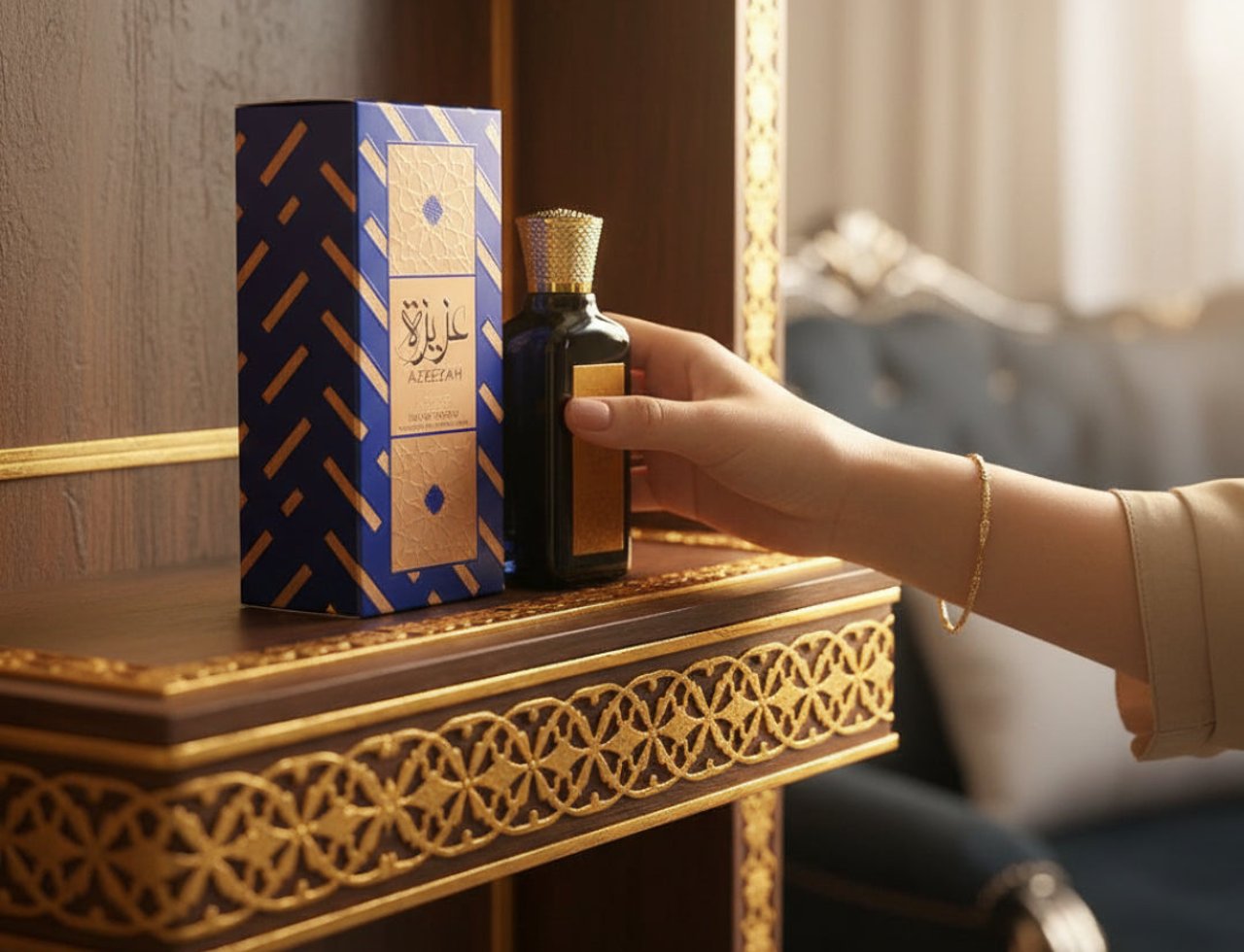 Lattafa Azeezah — Hand reaching for a dark perfume bottle next to its blue and gold patterned box on a shelf.