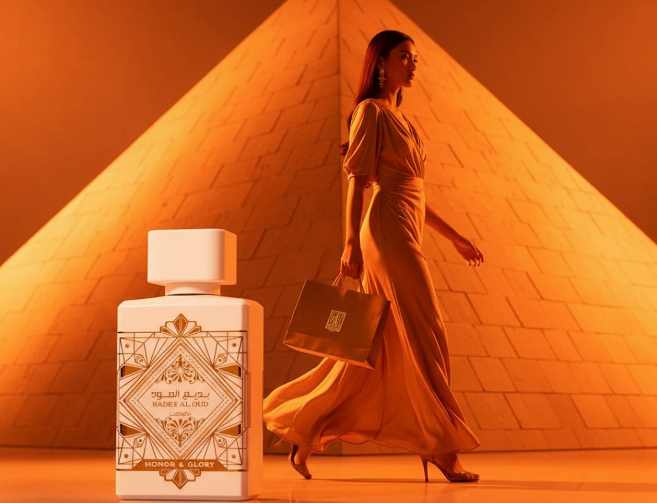 Badee Al Oud Honor Glory by Lattafa — Botol wangian putih dengan corak emas, berdiri di hadapan piramid oren. Seorang wanita berbaju emas berjalan di sebelah kanan, memegang beg kertas.