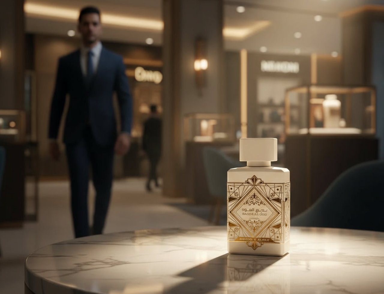 Lattafa Badee Al Oud Honor Glory — White perfume bottle with gold design on marble table, man in suit walking in background