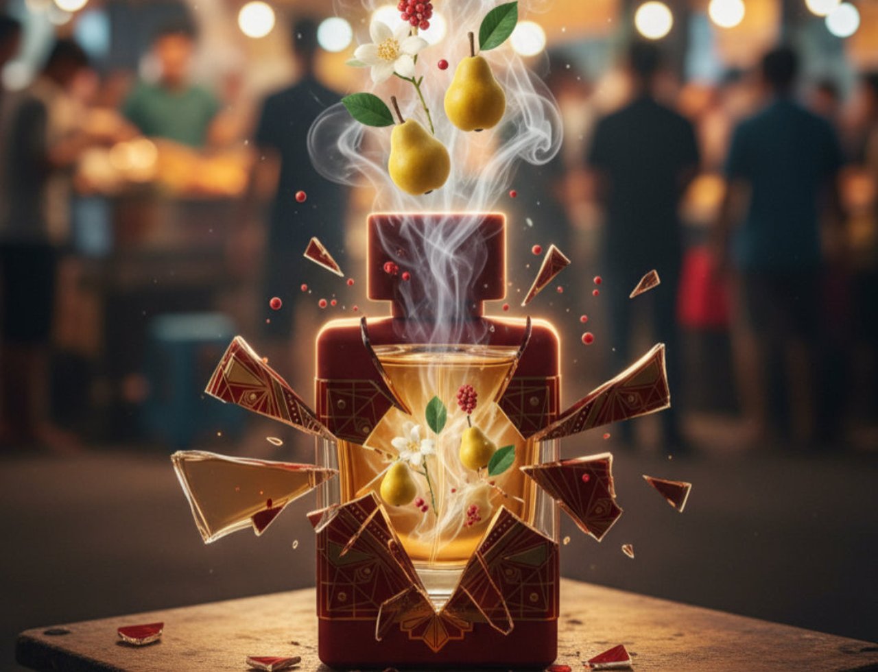 Lattafa Badee Al Oud Sublime — A shattered perfume bottle with pears, flowers, and berries emerging from smoke.