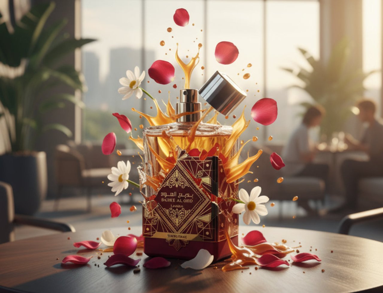 Lattafa Bade Al Oud Sublime by Lattafa 100ml EDP Unisex — Botol minyak wangi emas dan merah dengan kelopak bunga ros dan bunga daisy terapung, latar belakang ruang tamu moden.