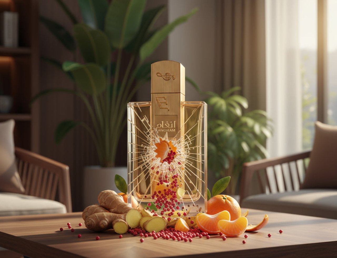 Lattafa Angham by Lattafa EDP 100ml Women — Botol wangian kaca jernih dengan penutup emas, dihiasi dengan serpihan kaca pecah dan buah beri merah, di atas meja kayu bersama halia dan oren