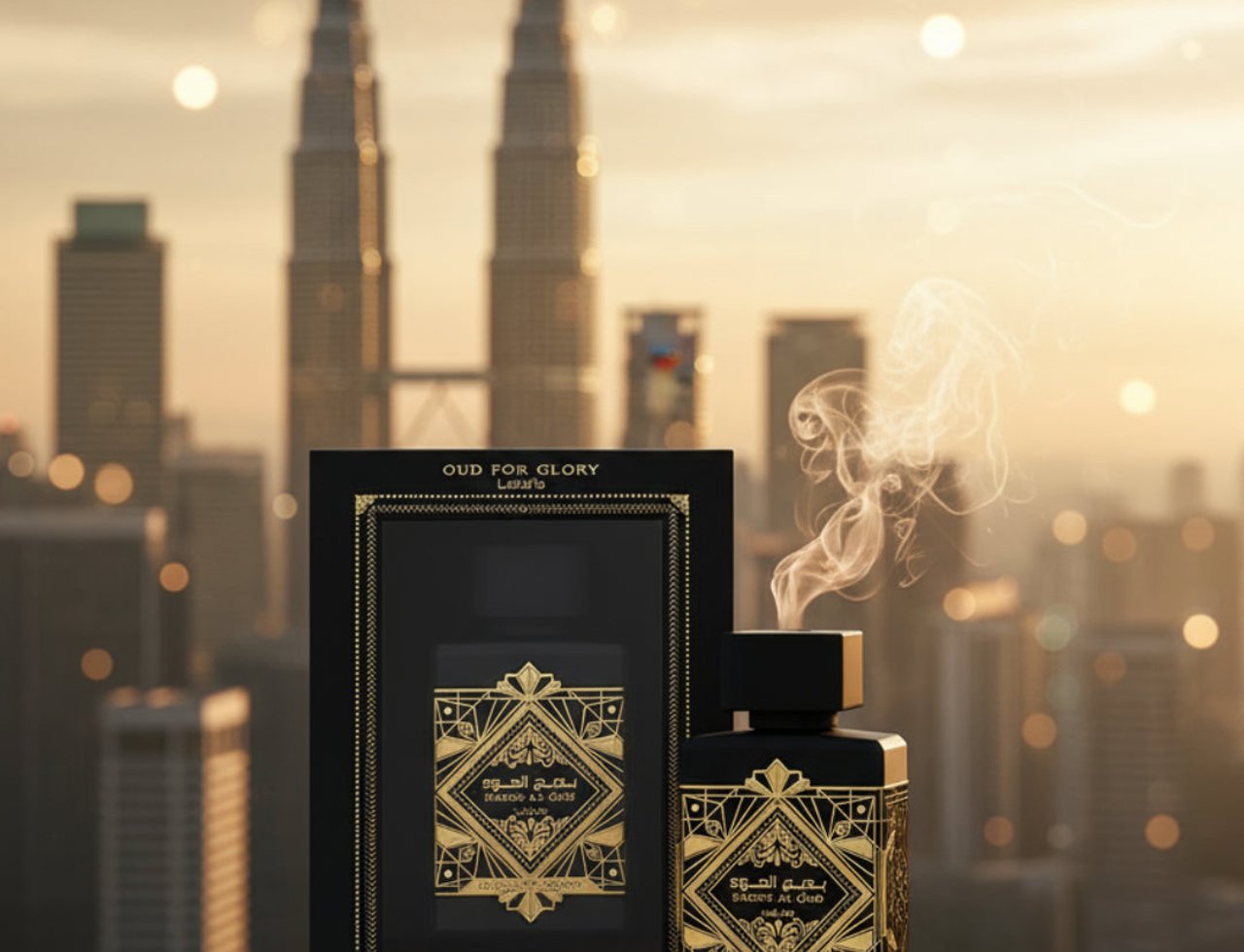 Lattafa Bade Al Oud Oud for Glory — Kotak wangian hitam dengan reka bentuk emas dan botol yang sama di sebelahnya, dengan asap naik di latar belakang bandar berkabus pada waktu senja.