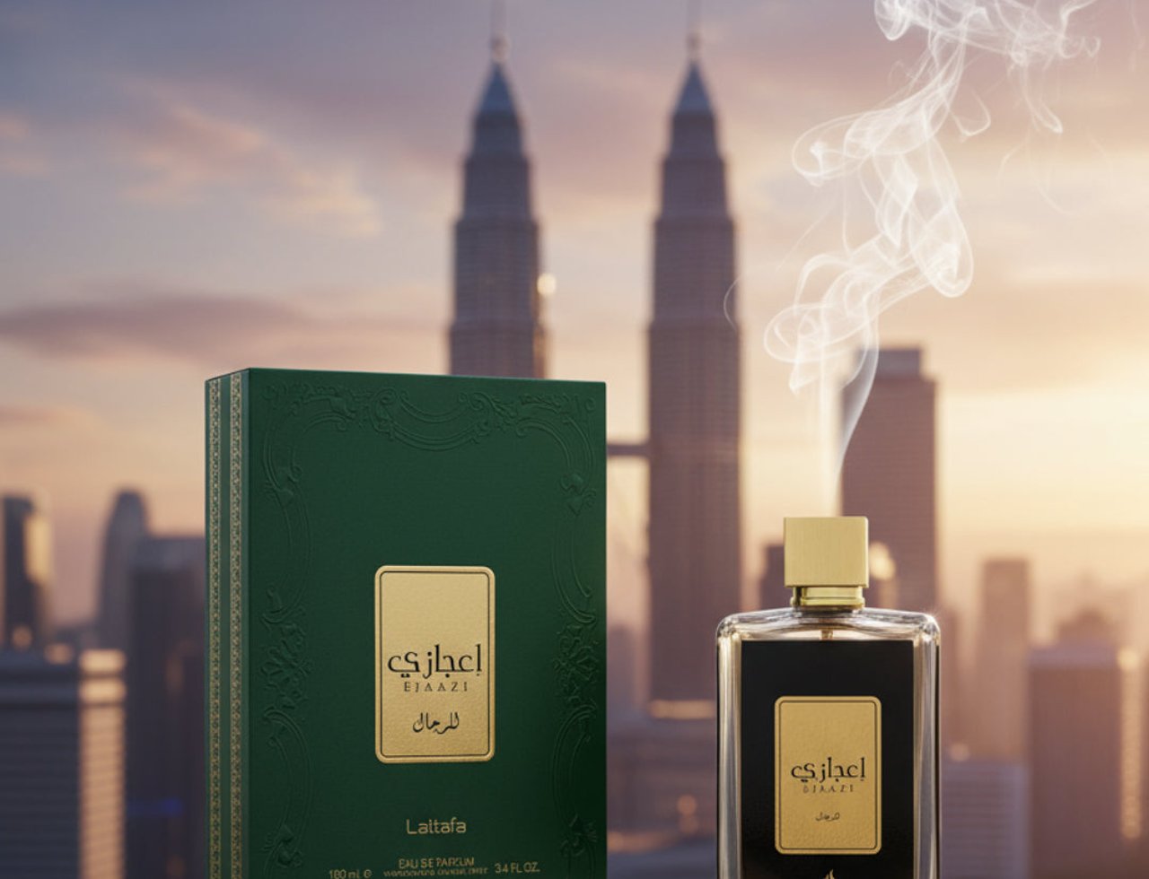 Lattafa Ejaazi by Lattafa Perfume 100 ml for Men — Kotak hijau gelap berhias emas dan botol wangian dengan penutup emas, asap naik di latar belakang bangunan pencakar langit berkembar.