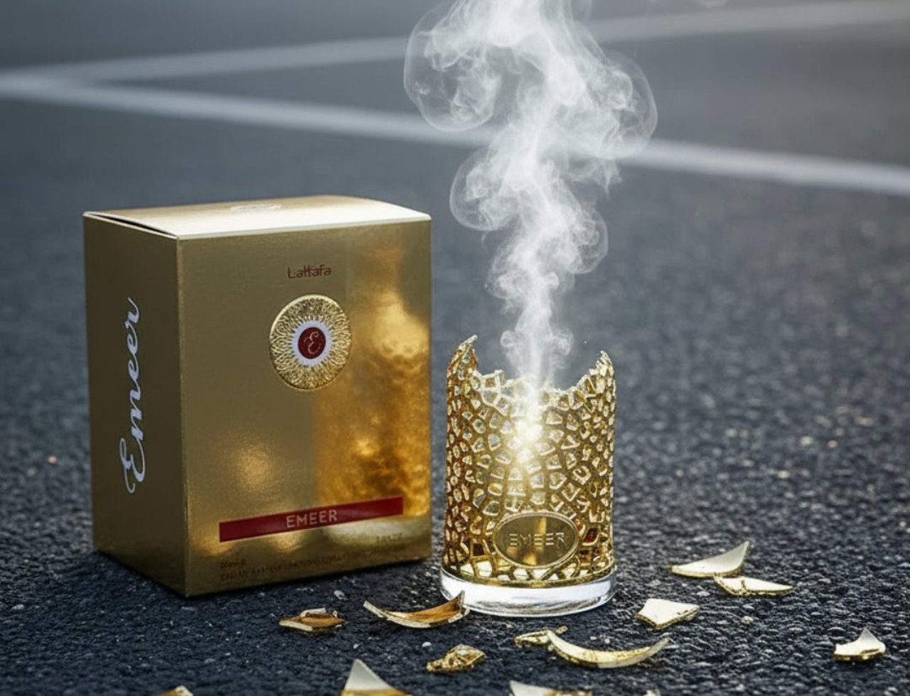 Lattafa Emeer By Lattafa Woody Scent 100ml — Kotak emas berkilat dan botol wangian berukir emas dengan asap naik, serpihan emas berselerak di atas permukaan gelap.
