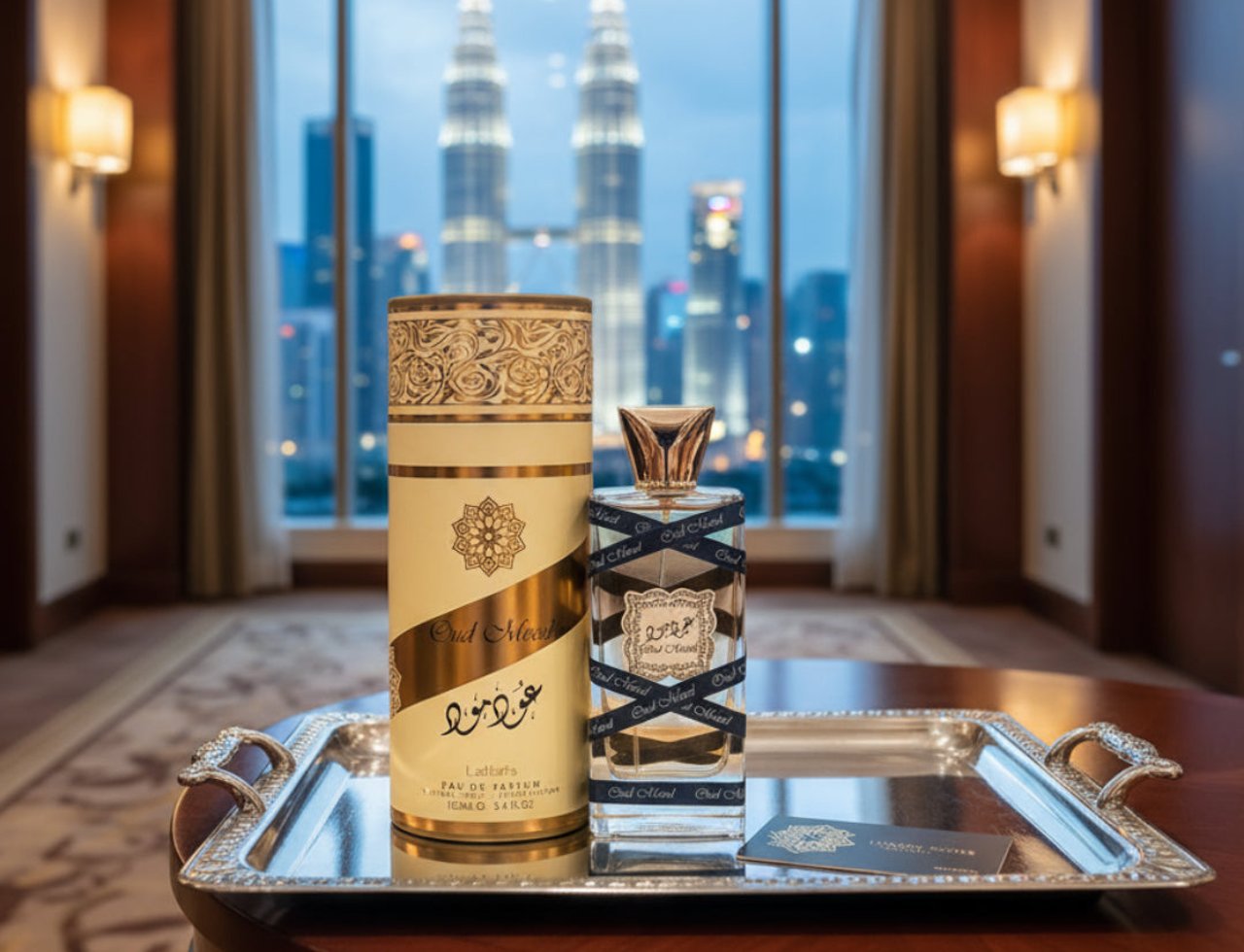Lattafa Oud Mood by Lattafa 100ml EDP Unisex — Clear glass bottle with gold cap, black ribbon with text, and dried leaves inside, set on a patterned blue cloth with ornate wooden background.