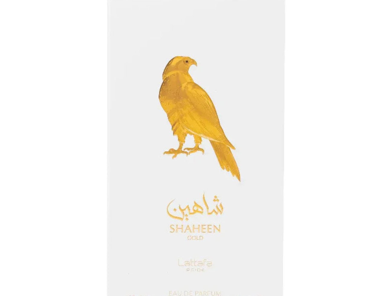 Lattafa Pride Shaheen Gold — Kotak minyak wangi putih menampilkan ilustrasi helang emas dan tulisan Arab.