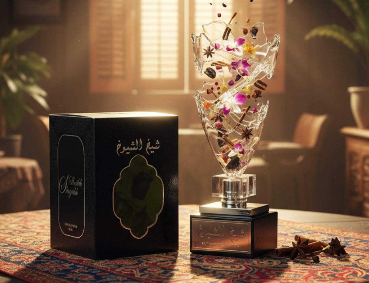 Lattafa Sheikh Al Shuyukh by Lattafa 50ml EDP Men — Kotak hitam berskrip Arab emas dan lambang di sebelah trofi kristal berisi rempah dan bunga, atas permaidani bermotif.