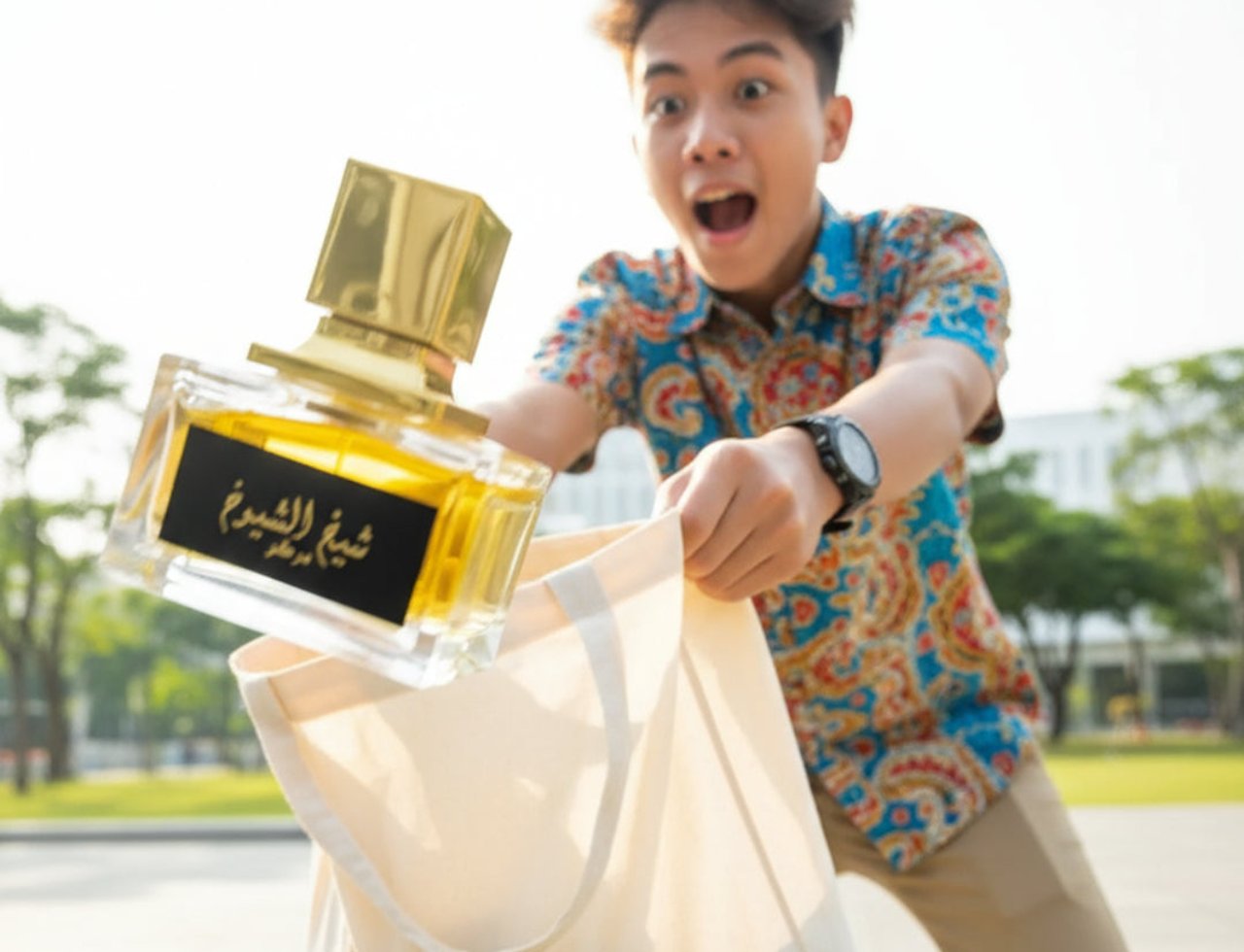 Lattafa Sheikh Al Shuyukh Concentrated by Lattafa 100ml — Lelaki muda terkejut pegang botol minyak wangi bertutup emas ditarik dari beg tote kanvas di luar.