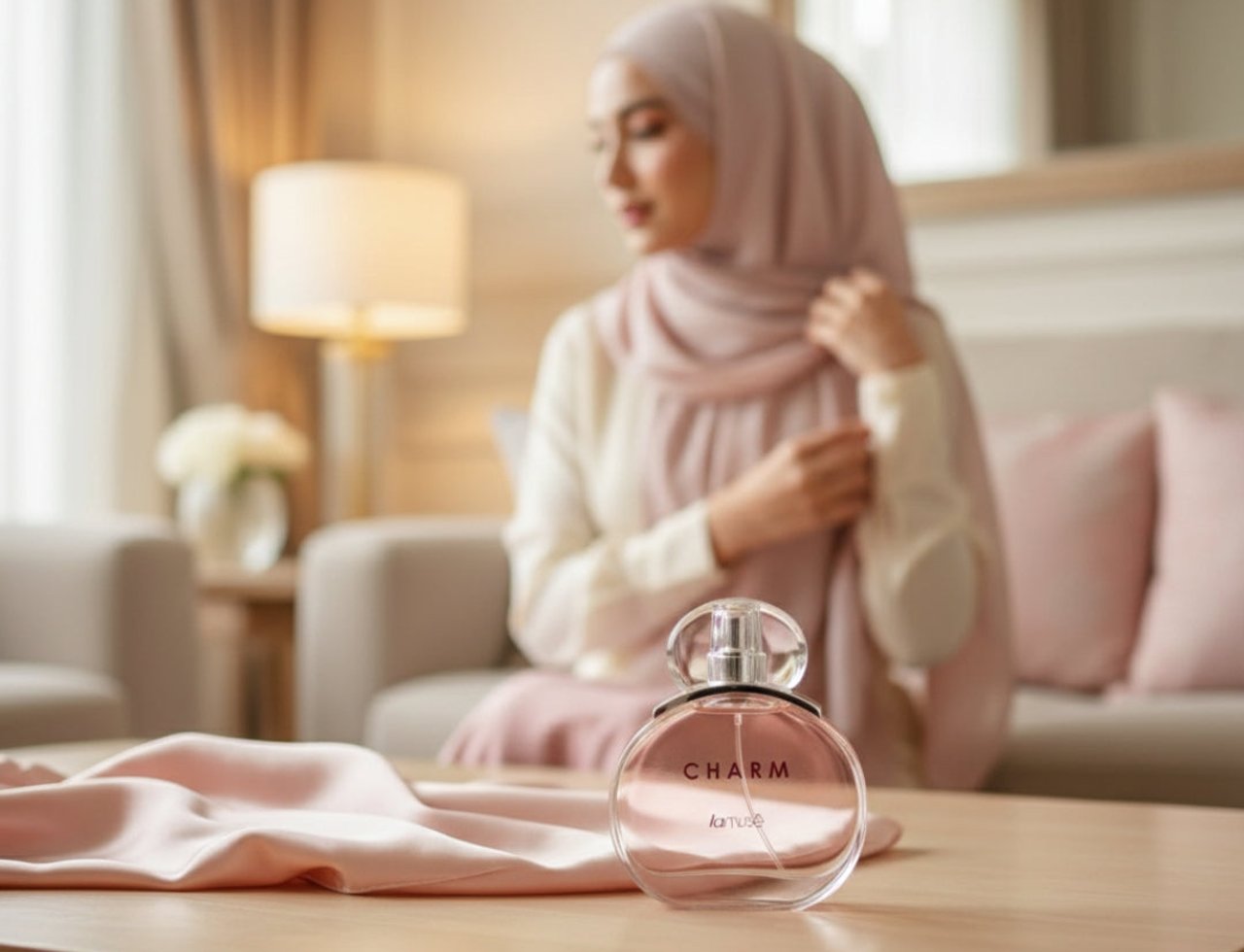 Lattafa Charm 100ml EDP for Women by LaMuse Lattafa — Botol wangian kaca bulat diletakkan di atas meja kayu dengan kain satin merah jambu lembut di sebelahnya, wanita memakai tudung merah jambu di latar belakang.