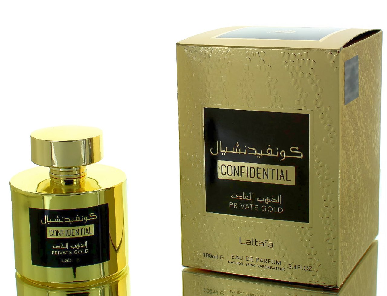 Lattafa Confidential Private Gold 100ml EDP for Women — Botol dan kotak wangian emas berkilat, kedua-duanya berlabel 'CONFIDENTIAL PRIVATE GOLD' dalam tulisan emas dan hitam.