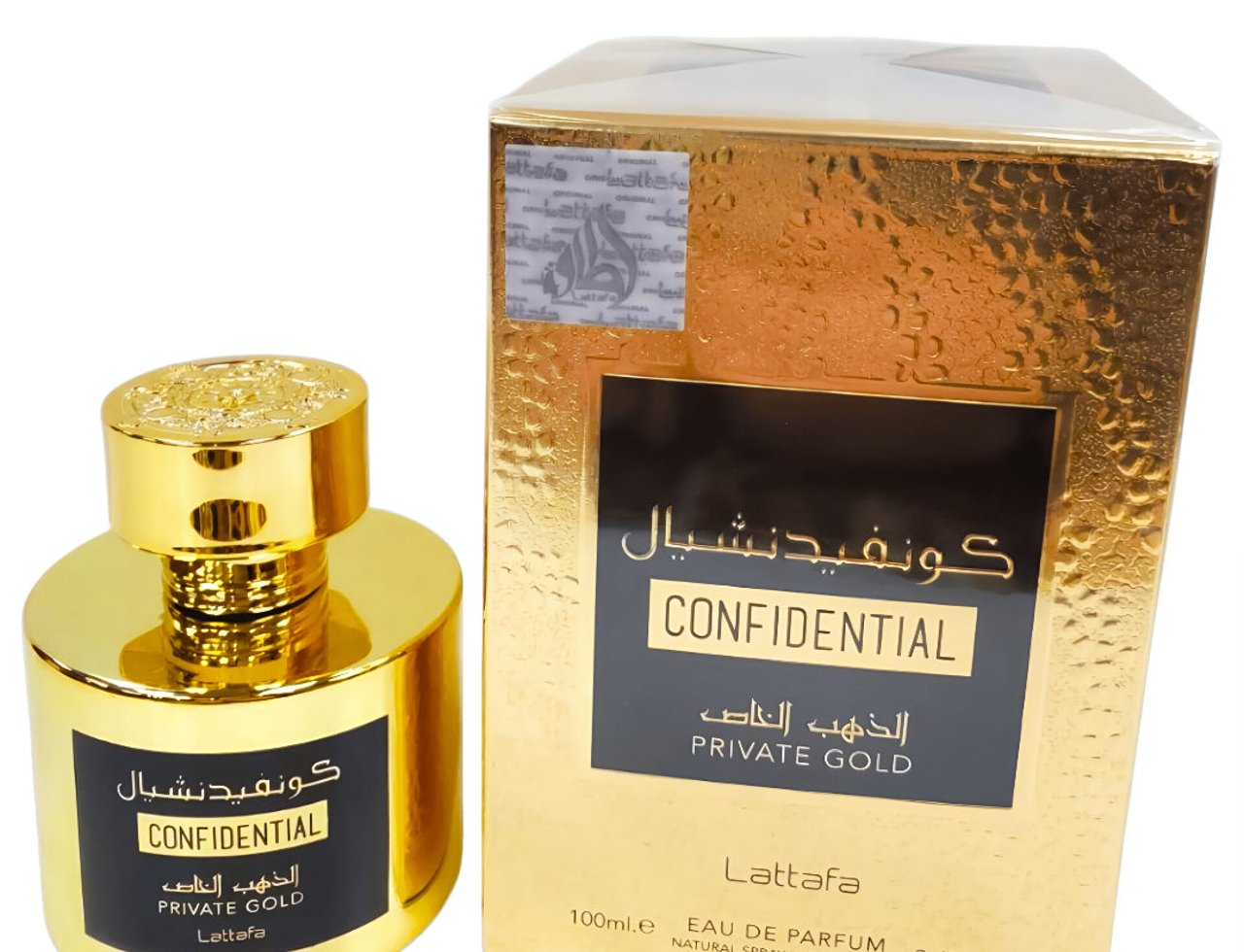Lattafa Confidential Private Gold — Gold perfume bottle and matching textured gold box with black label, white background