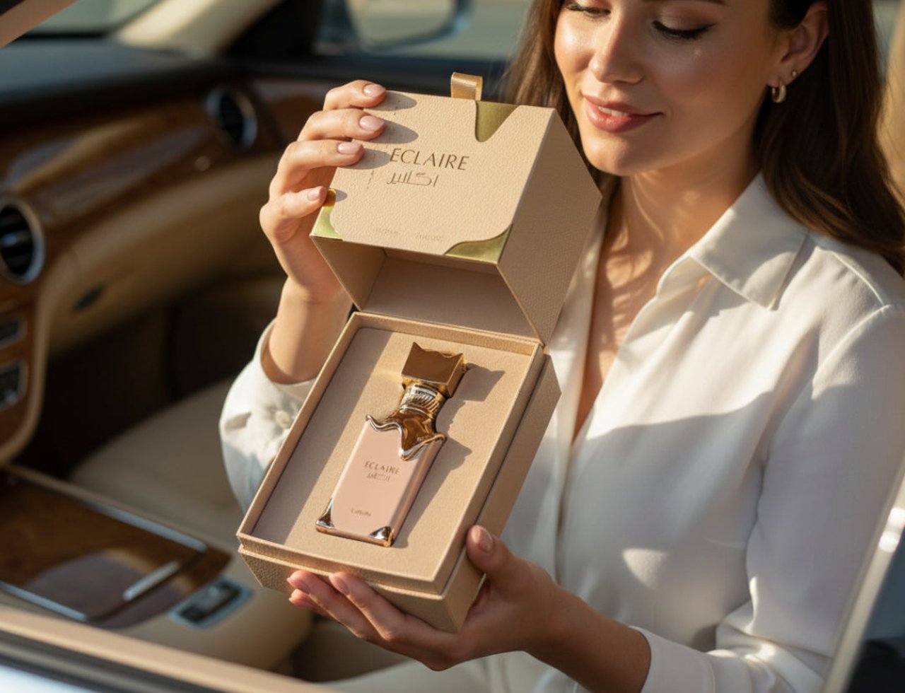 Lattafa Eclaire by Lattafa 100ml EDP Women — Wanita memegang kotak hadiah terbuka berisi botol wangian Eclaire dengan penutup emas berkilauan, duduk di dalam kereta mewah.