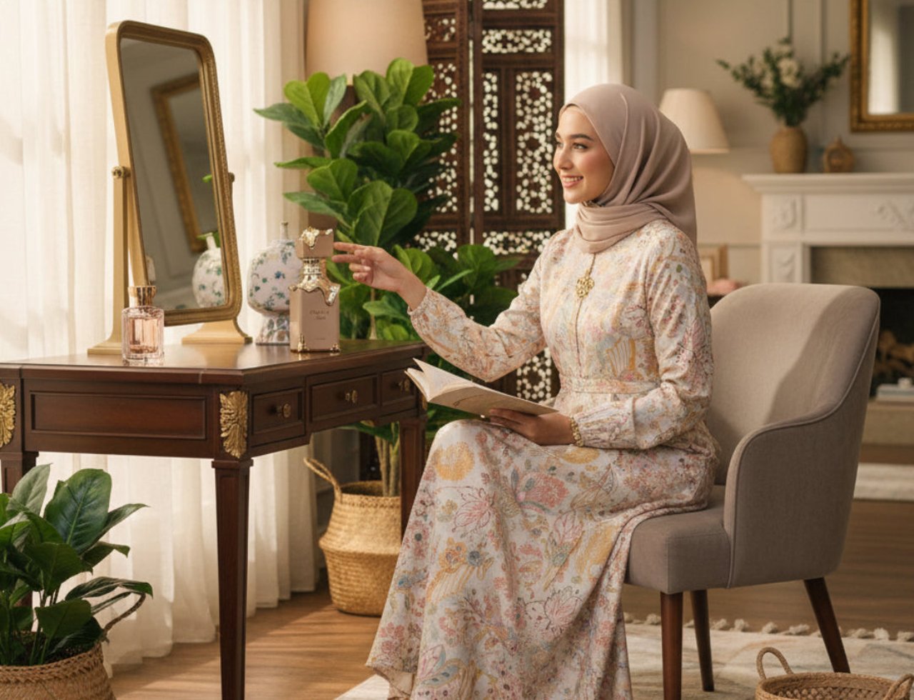 Lattafa Eclaire by Lattafa — Woman in hijab and floral dress sits by vanity, holding book, pointing at perfume bottle.
