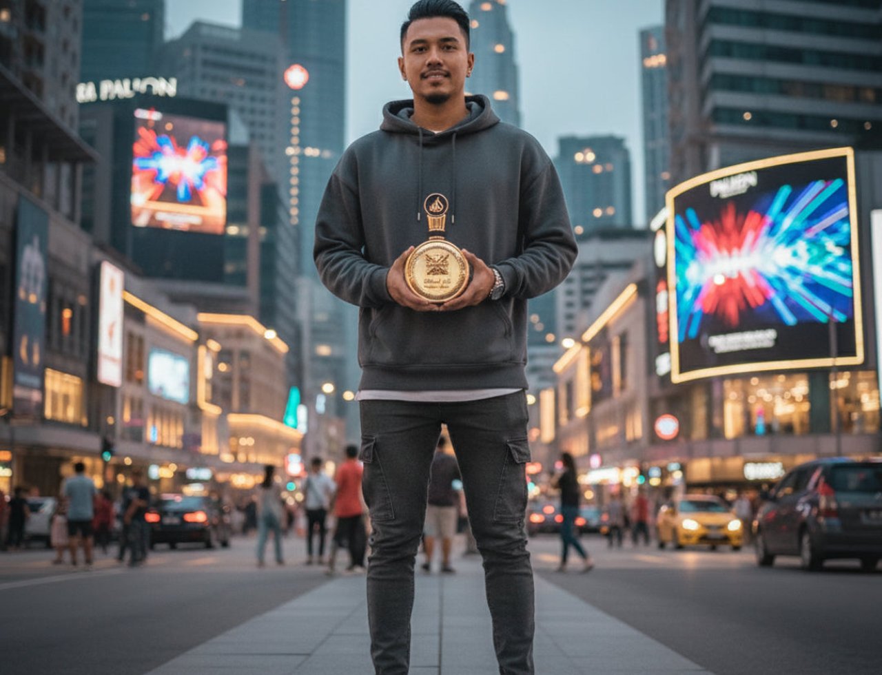Lattafa Fakhar Extrait by Lattafa 100ml for Men — Lelaki memegang botol wangian emas bulat di hadapan bangunan pencakar langit bandar pada waktu senja