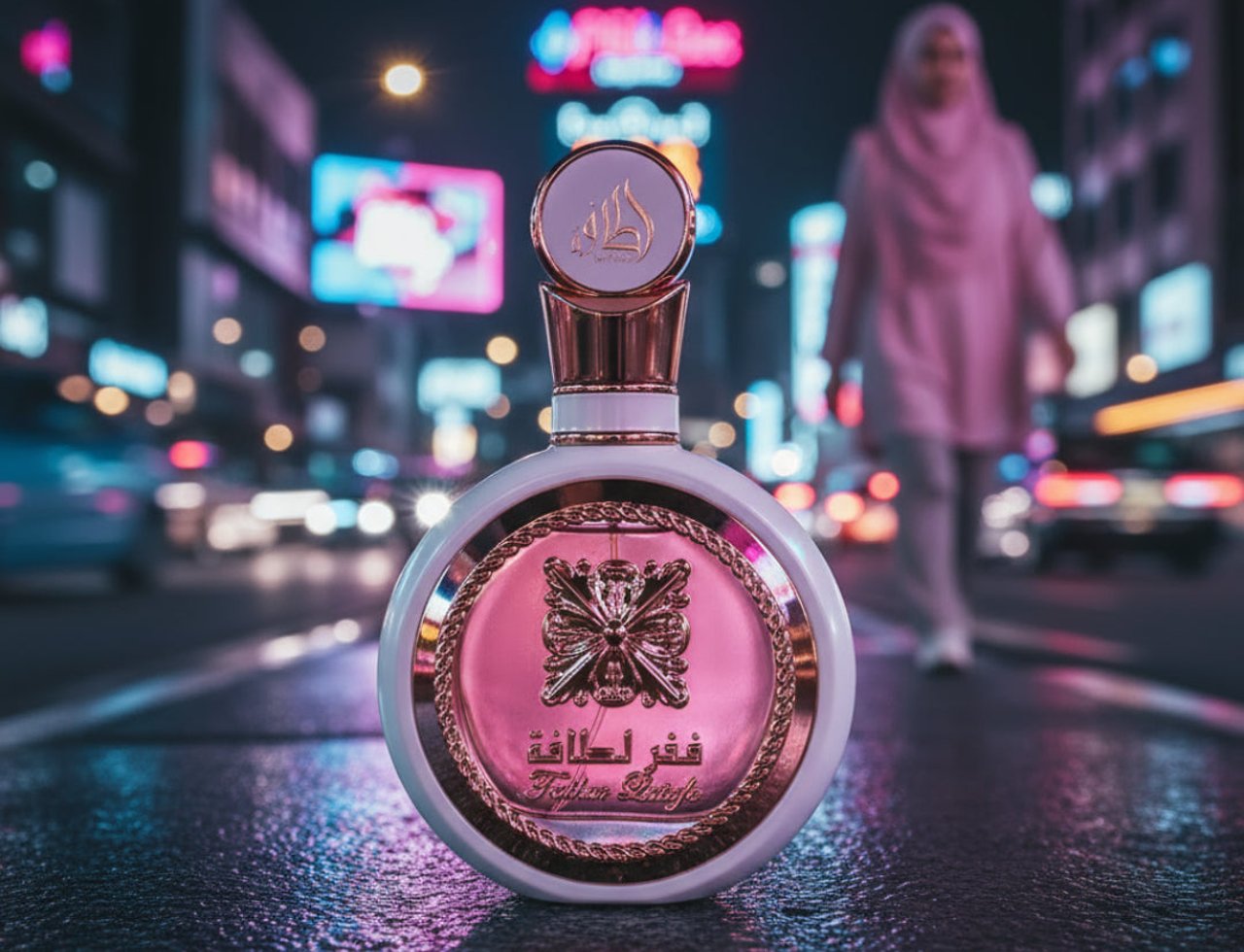 Lattafa Fakhar Rose Gold by Lattafa 100ml Women — Botol wangian bulat berwarna putih dan emas berkilau, diletakkan di atas jalan basah yang memantulkan lampu neon bandar malam. Terdapat seorang wanita berhijab di latar belakang.