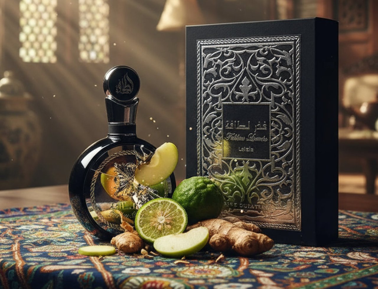 Lattafa Fakhar Silver — Black perfume bottle with apple, lime, bergamot, and ginger on a patterned cloth
