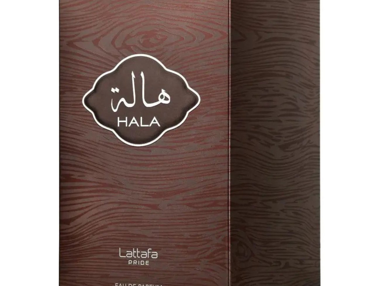 Lattafa Pride Hala by Lattafa – 100 ml Eau de Parfum for Men, presented in a brown wooden-textured box with Arabic calligraphy and 'HALA' text.