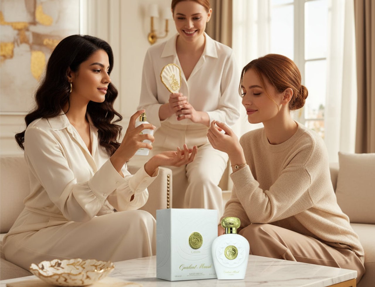 Lattafa Opulent Musk by Lattafa 100ml EDP Unisex — Three women in elegant attire in a bright, luxurious room, one spraying perfume on her wrist, another smelling it, and a third holding a decorative fan. A perfume box and bottle are on the marble table.