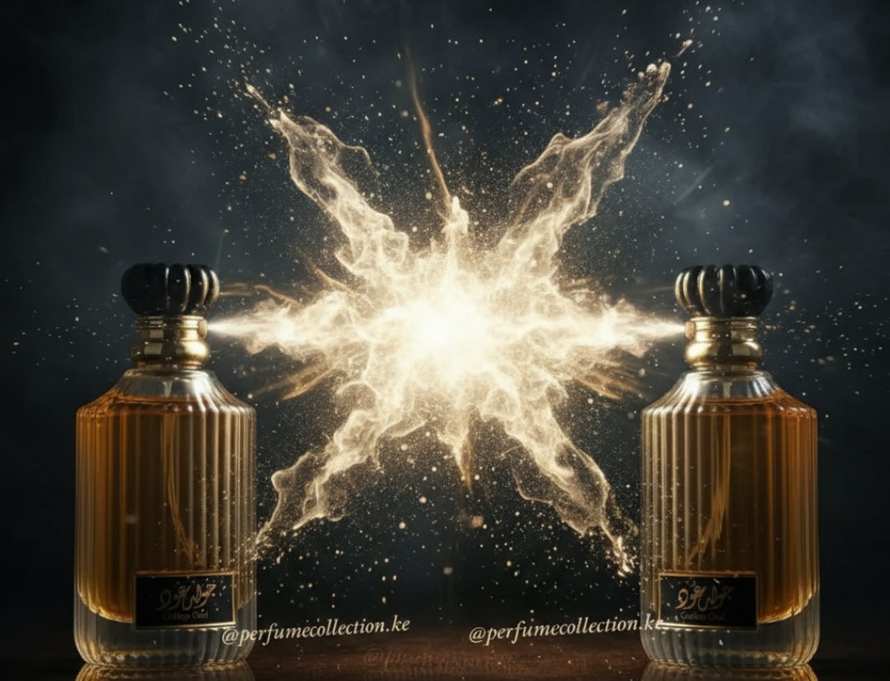 Asdaaf Golden Oud by Lattafa Asdaaf 100 ml Unisex — Dua botol minyak wangi Golden Oud berdiri di atas permukaan gelap, dengan letupan serbuk emas berkilauan di tengahnya, latar belakang gelap berasap.