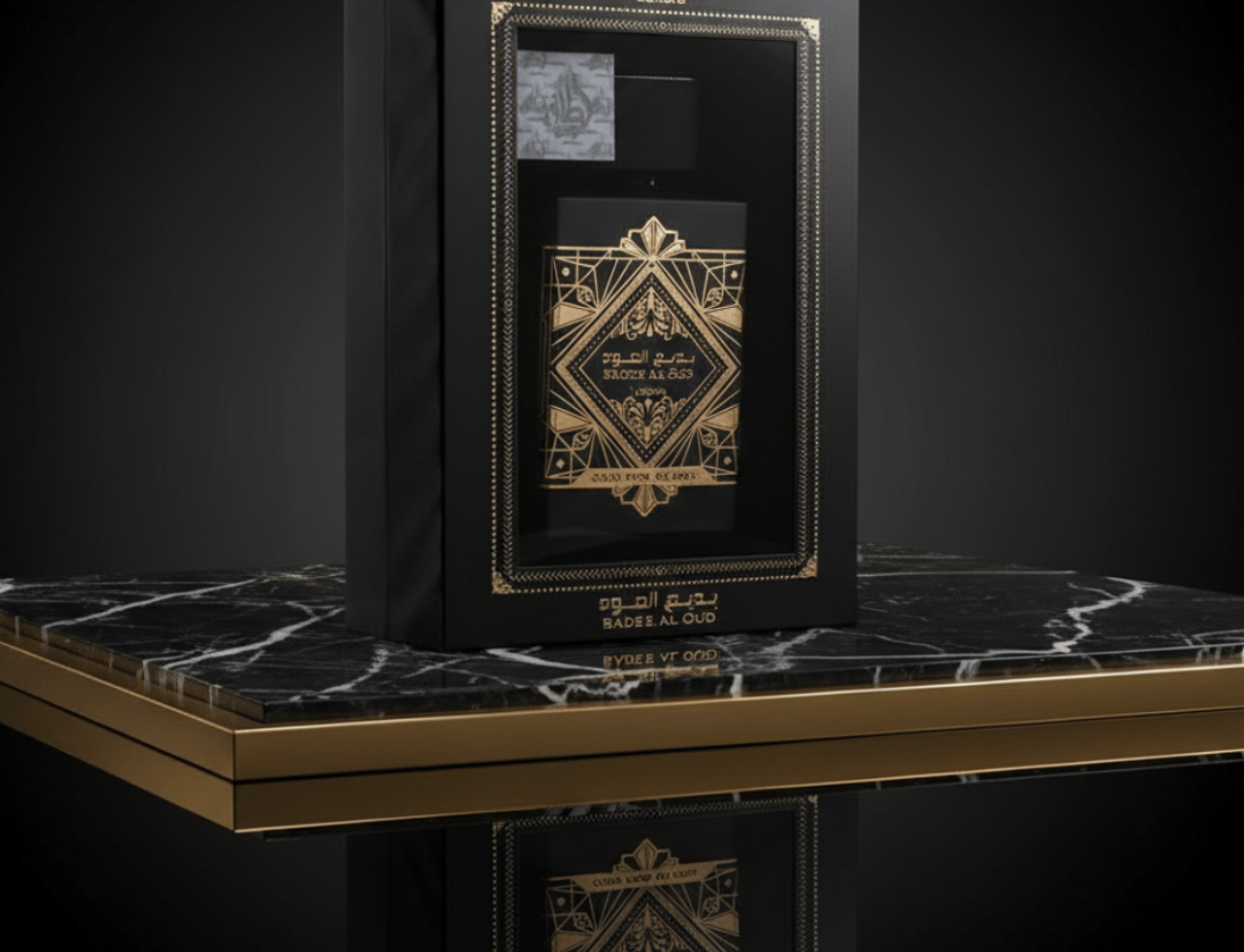 Lattafa Badee Al Oud by Lattafa Oud for Glory — Black gift box with gold accents, showcasing a perfume bottle and smaller