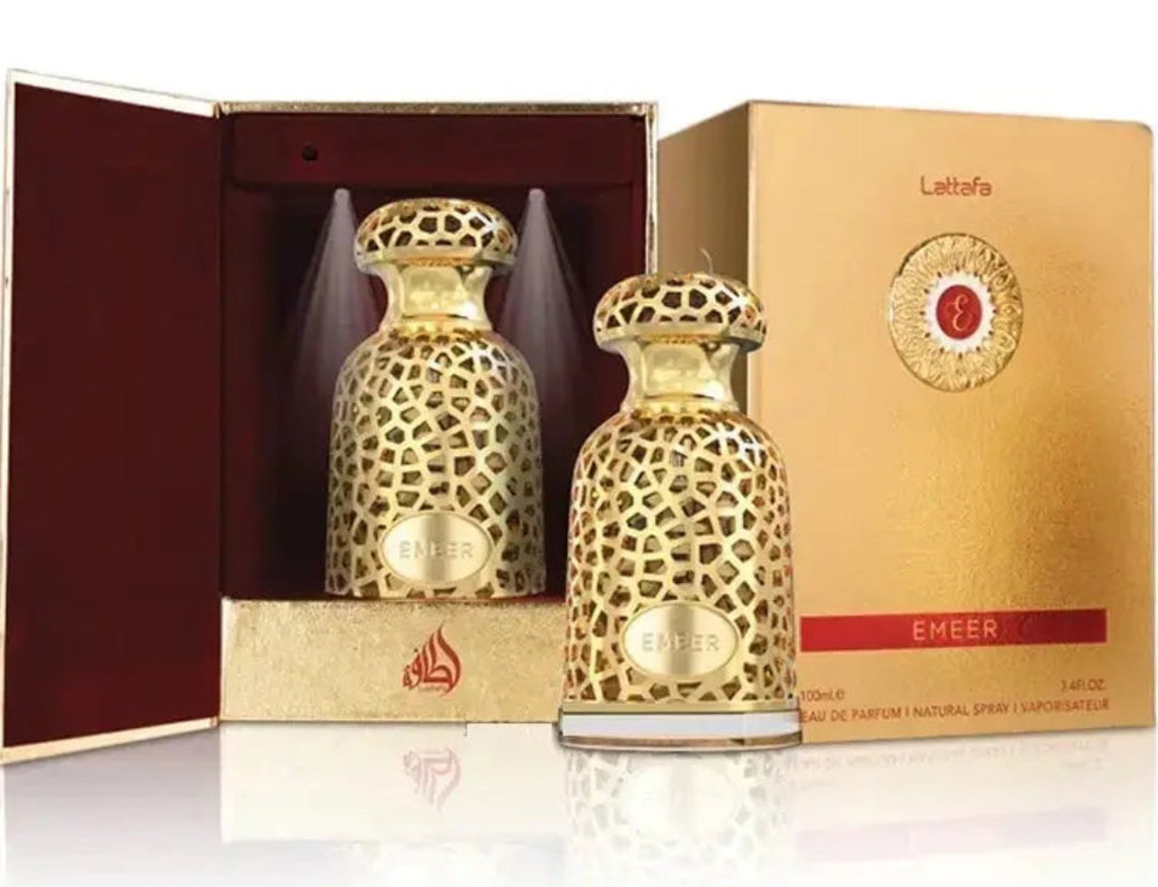 Lattafa Emeer By Lattafa Woody Scent 100ml — Two gold patterned bottles displayed in an open red and gold gift box.