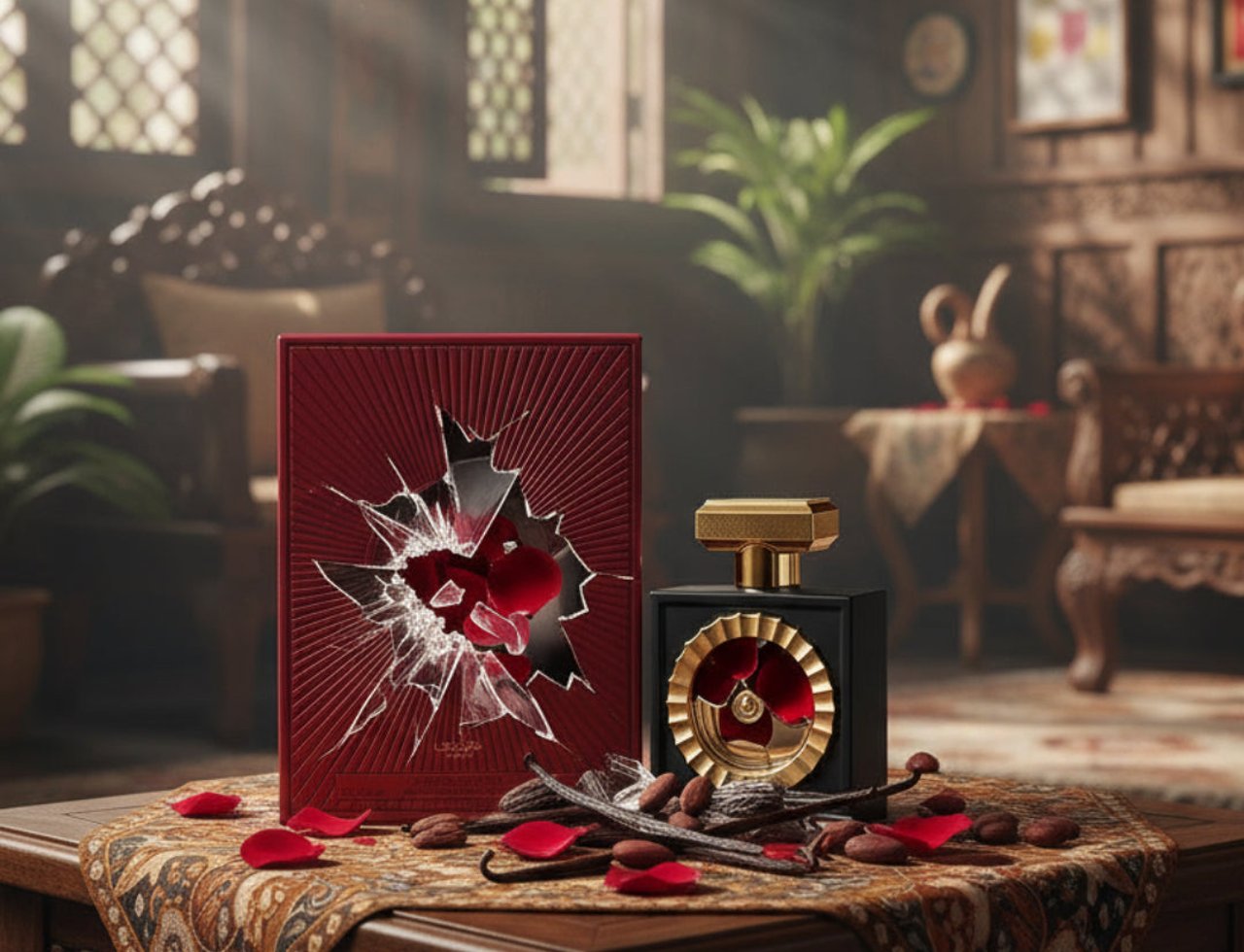Lattafa Pride Nebras by Lattafa Pride 100ml EDP Women — Red box with shattered glass effect revealing red petals, black perfume bottle with gold accents, scattered rose petals, cocoa beans, and vanilla pods on a patterned cloth.