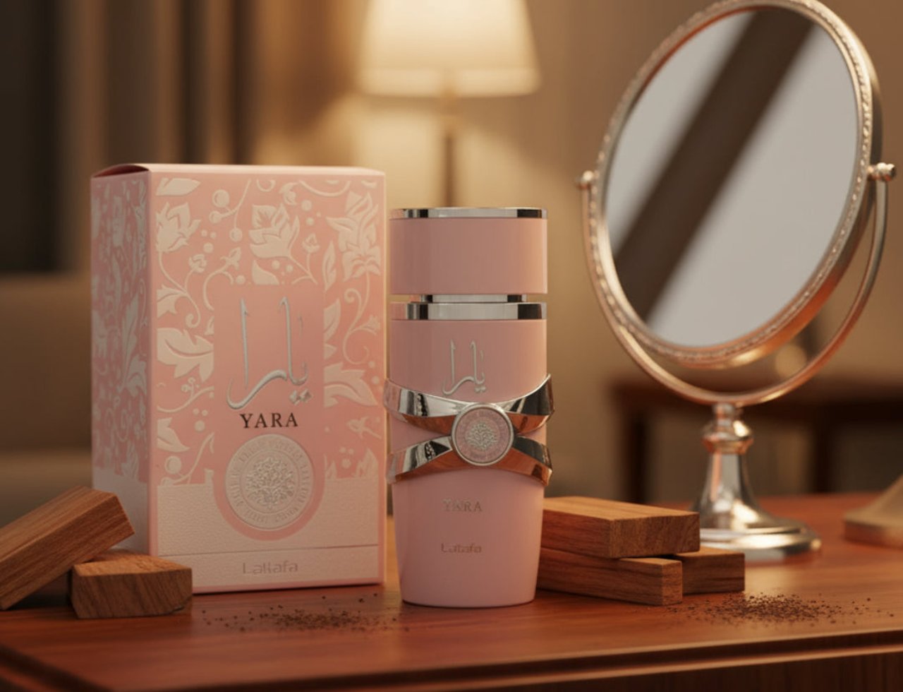 Lattafa Yara by Lattafa 100ml EDP Women — Pink perfume bottle and box with ornate design, silver ribbon detail, on a wooden surface with wood pieces and scattered dark powder, with a vanity mirror in the background.