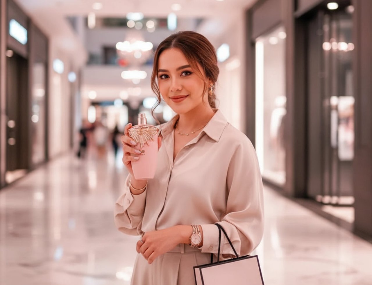 Lattafa Haya by Lattafa Perfumes – 100 ml for Women, a woman holding a pink perfume bottle with a gold sunburst design and a shopping bag.