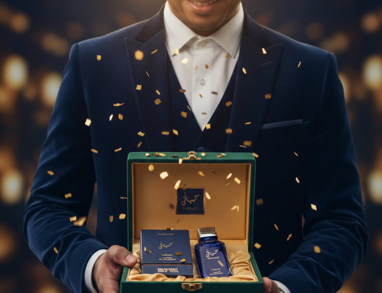 Lattafa Hayaati Al Maleky by Lattafa – 100 ml untuk Lelaki, seorang lelaki berbaju sut memegang kotak hadiah terbuka dengan confetti jatuh, memaparkan botol minyak wangi biru dan dua kotak kecil di dalamnya.