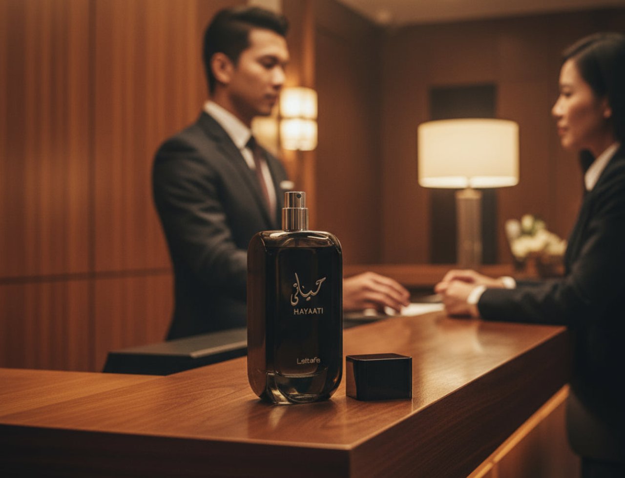 Lattafa Hayaati Men by Lattafa Perfumes100ml EDP — A dark glass perfume bottle with gold Arabic script and 'HAYAATI' text, next to its square cap, on a wooden counter with blurred hotel receptionists in the background.