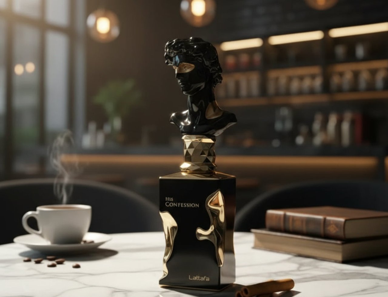 Lattafa His Confession by Lattafa Perfume 100ml — Botol minyak wangi hitam dan emas dengan patung lelaki sebagai penutup, diletakkan di atas meja marmar bersama kopi, biji kopi, buku, dan batang kayu manis.