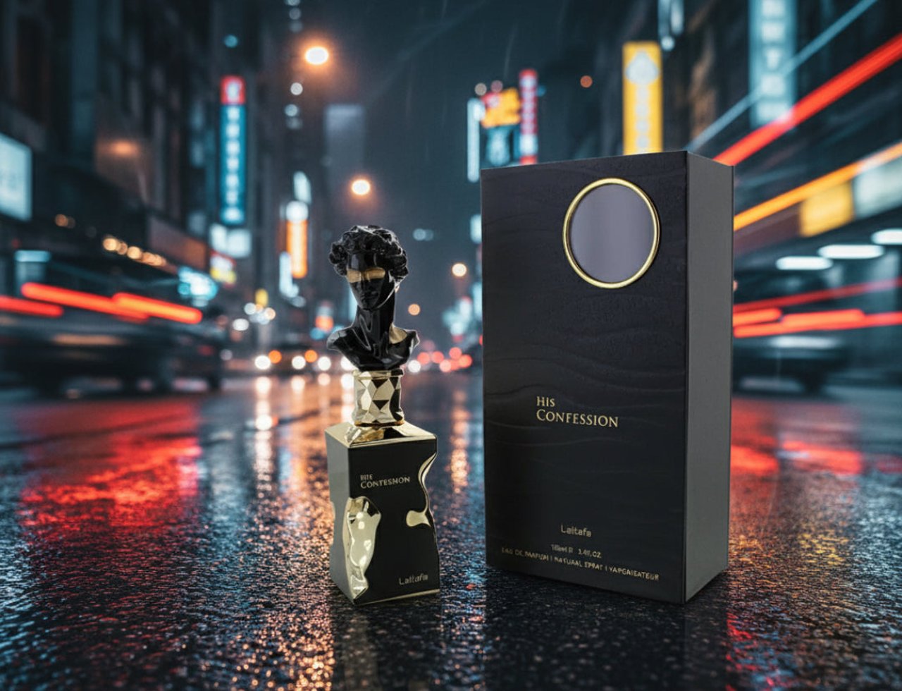 Lattafa His Confession by Lattafa Perfume 100ml — Black bust perfume bottle with gold accents and matching black box on wet city street at night with blurred lights.