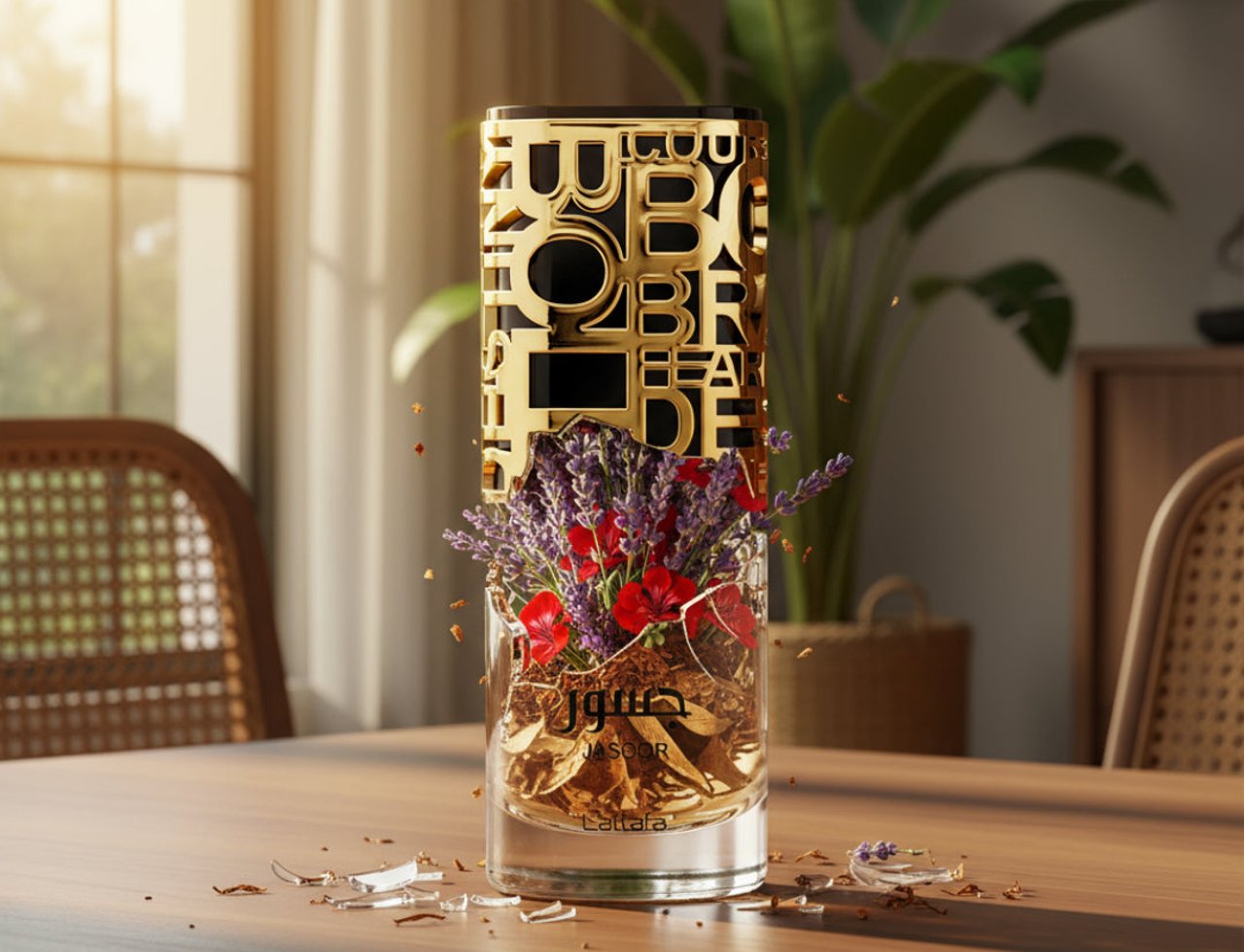 Lattafa Jasoor by Lattafa Perfumes 100 ml Unisex — Botol minyak wangi kaca tinggi bersalut jaring emas, berisi daun tembakau kering dan sejambak bunga lavender serta merah, diletakkan di atas meja kayu dengan serpihan kaca pecah.
