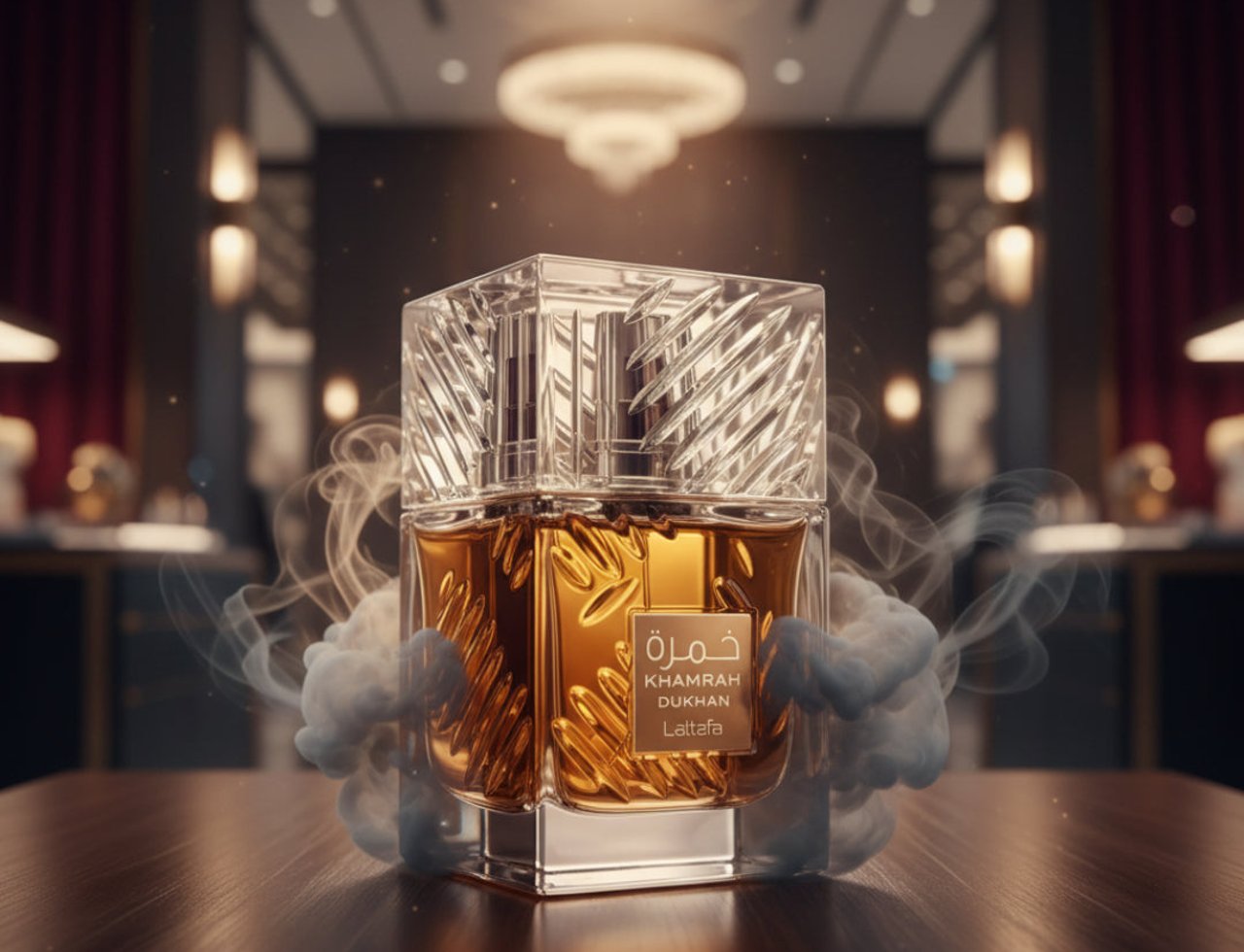Lattafa Khamrah Dukhan by Lattafa 100ml EDP Unisex — A clear glass perfume bottle with gold liquid and intricate detailing, emitting wisps of smoke, set on a dark wooden table in a luxurious, dimly lit room.